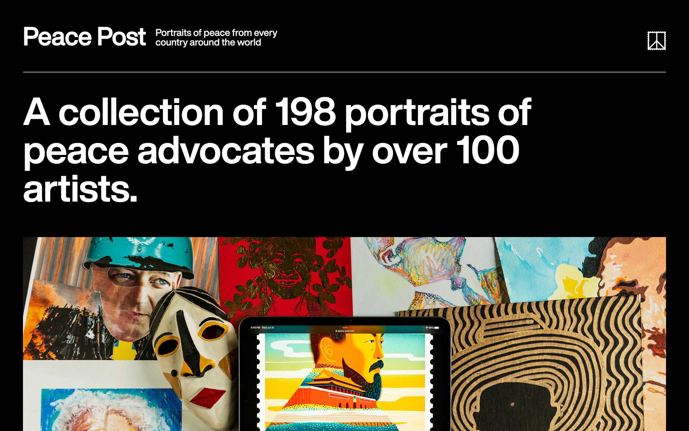 The Peace Post about page: a collection of 198 portraits by over 100 artists.
