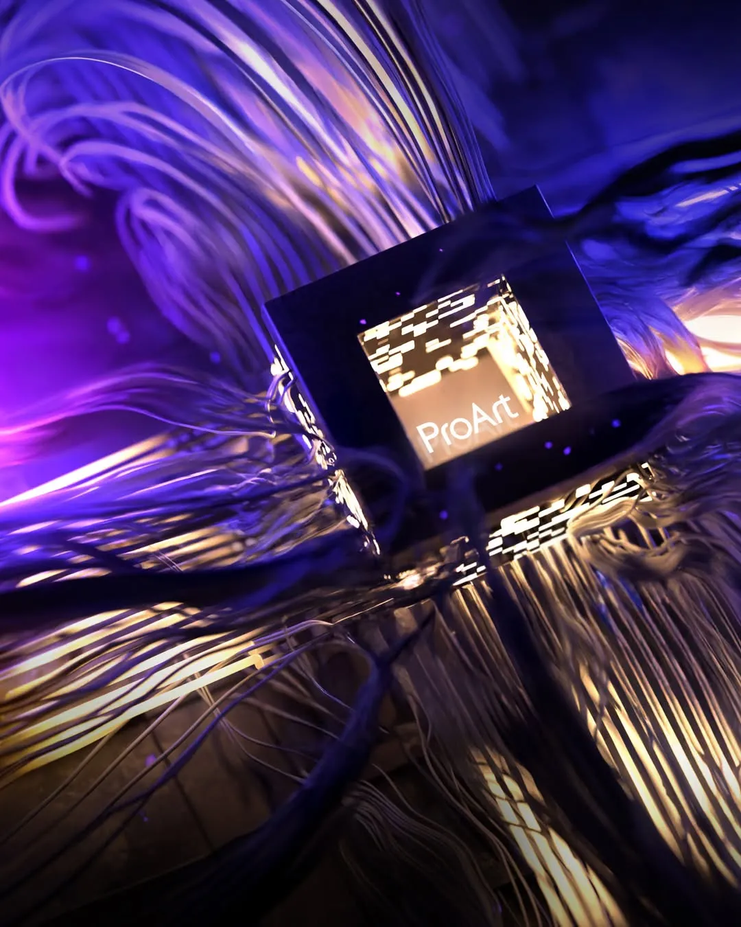 ASUS ProArt cube in a 3D render with light trails.