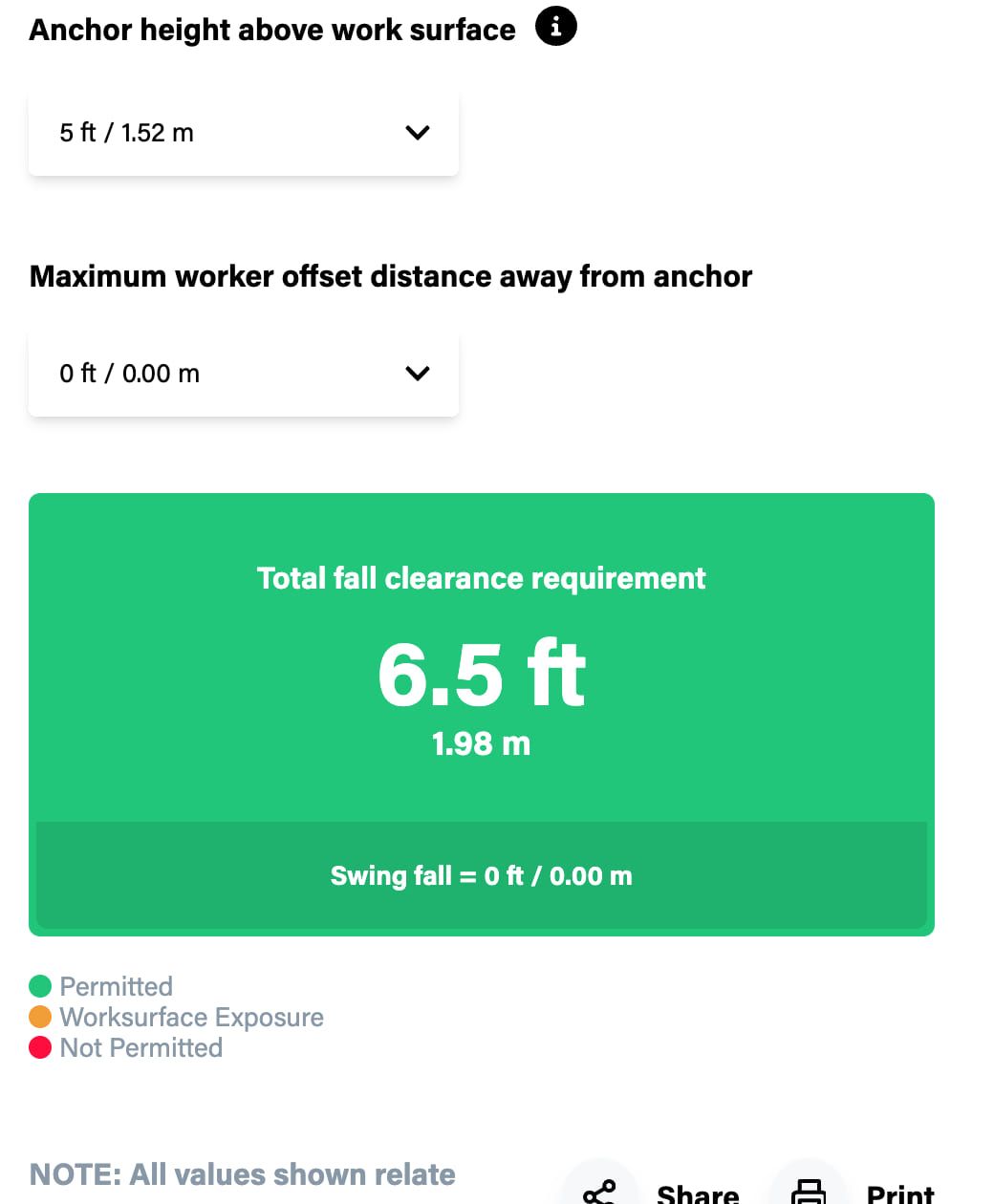 Green result: 6.5 ft total fall clearance.