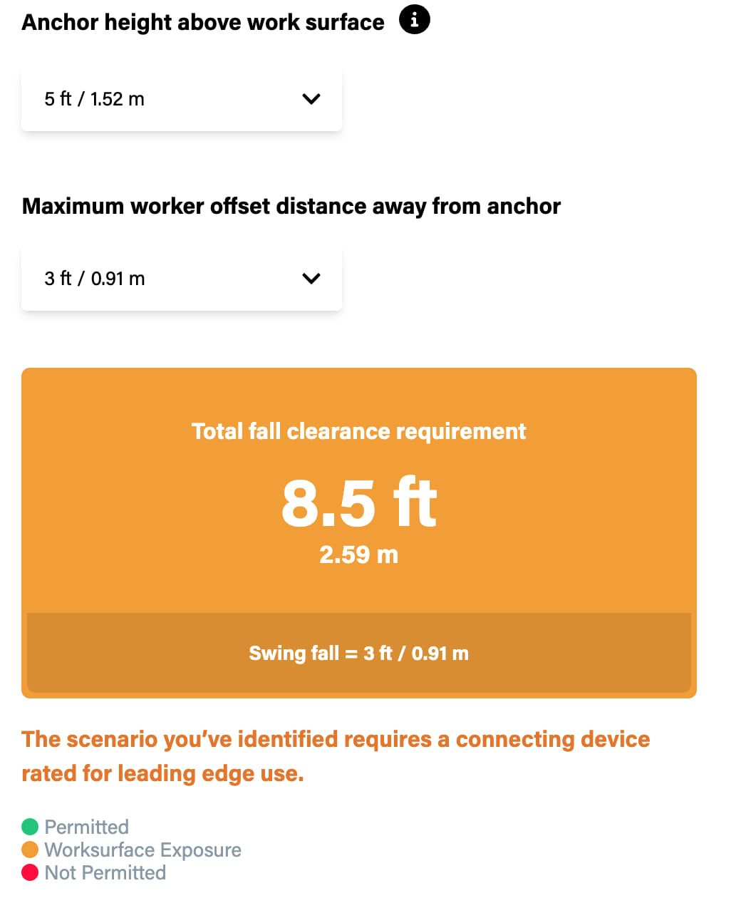 Orange result: 8.5 ft, with a note that a leading-edge rated device is required.