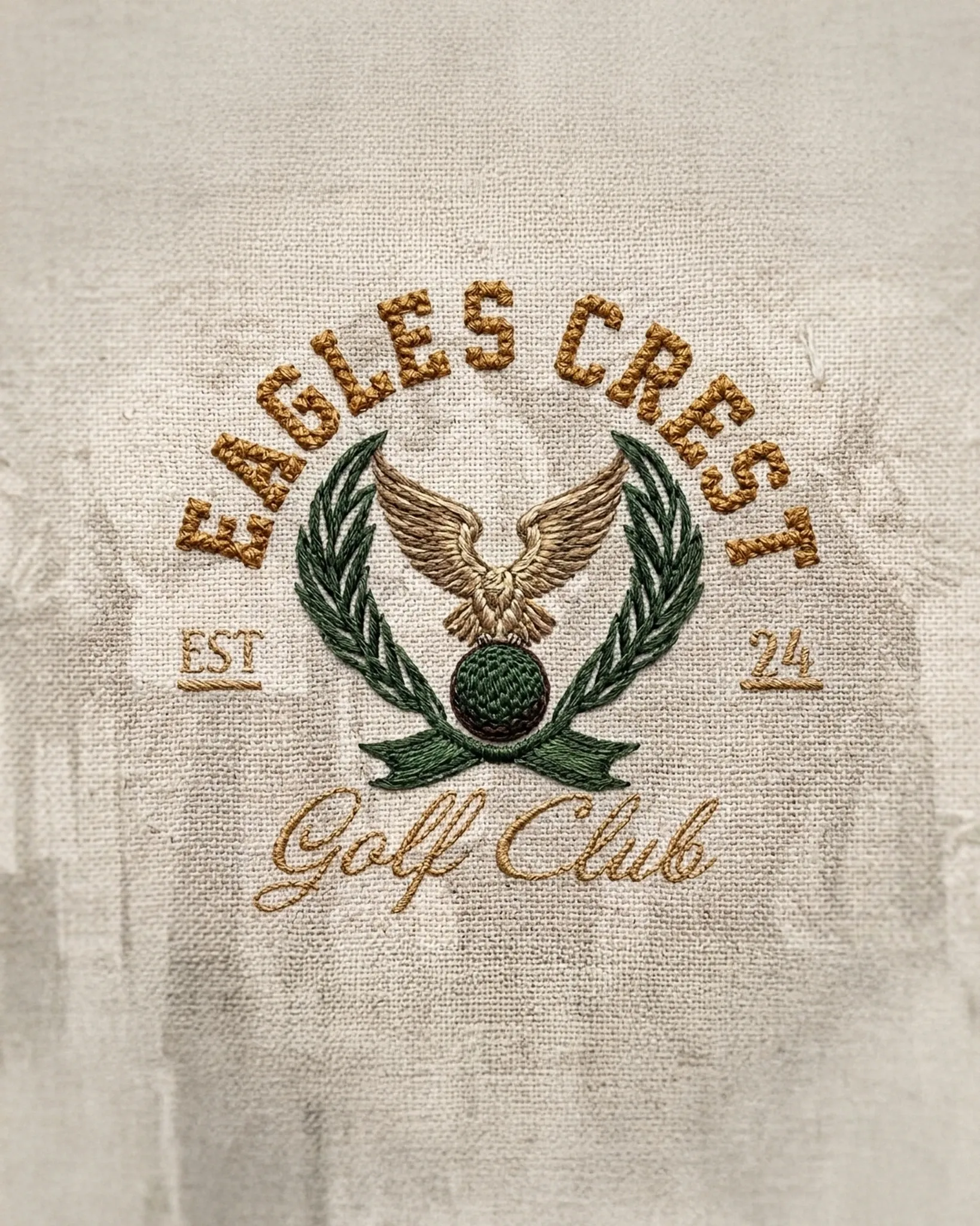 Embroidered Eagles Crest Golf Club crest on linen.