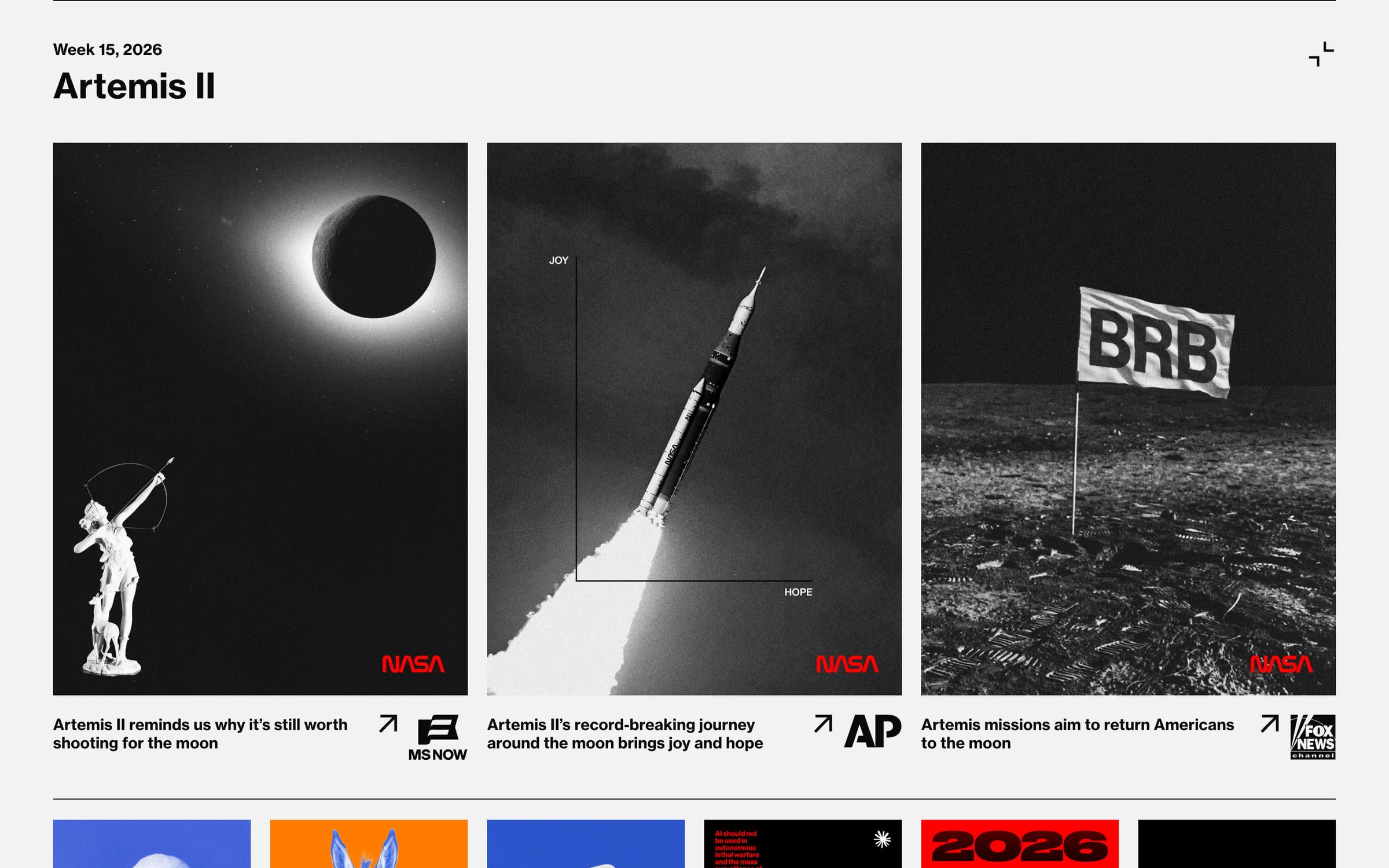 The Artemis II story opened, with three posters and their sources.