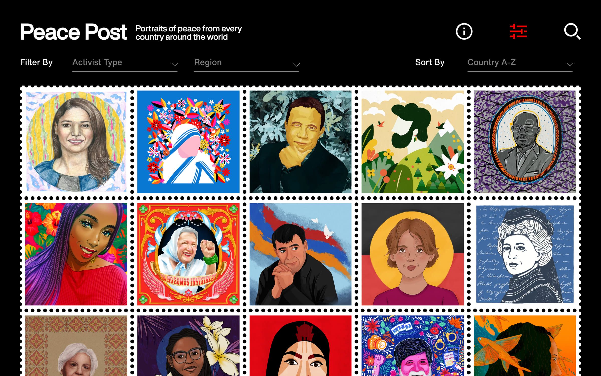The filter bar open above the stamp wall.