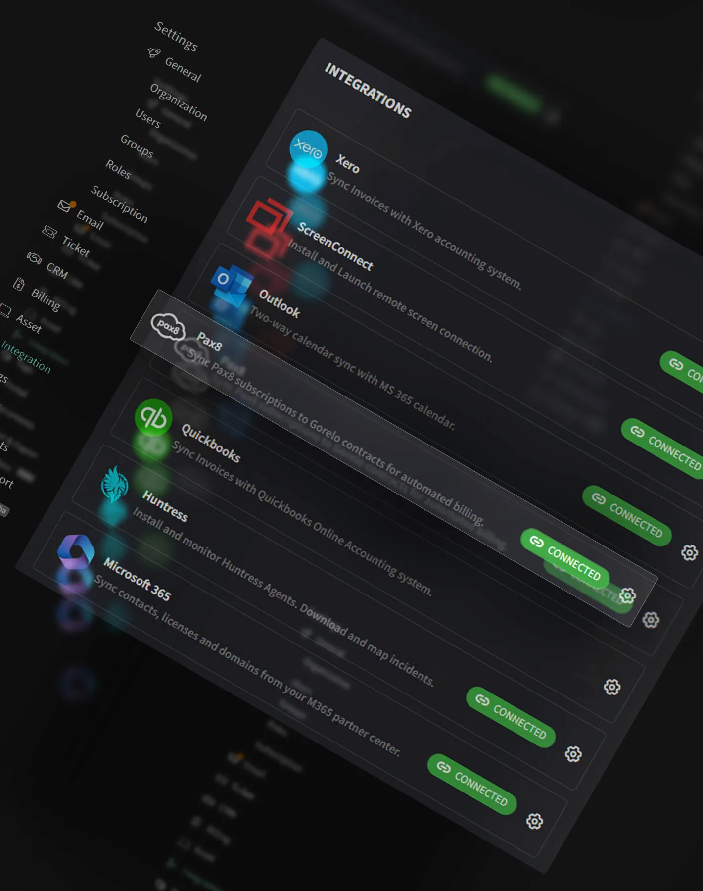 Gorelo integrations screen listing connected apps on a dark interface.