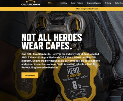 Guardian Fall Protection homepage reading “Not all heroes wear capes”.