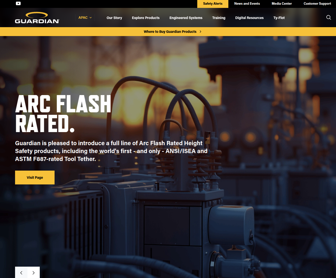 Guardian homepage hero, “Arc flash rated” over an electrical substation at dusk.