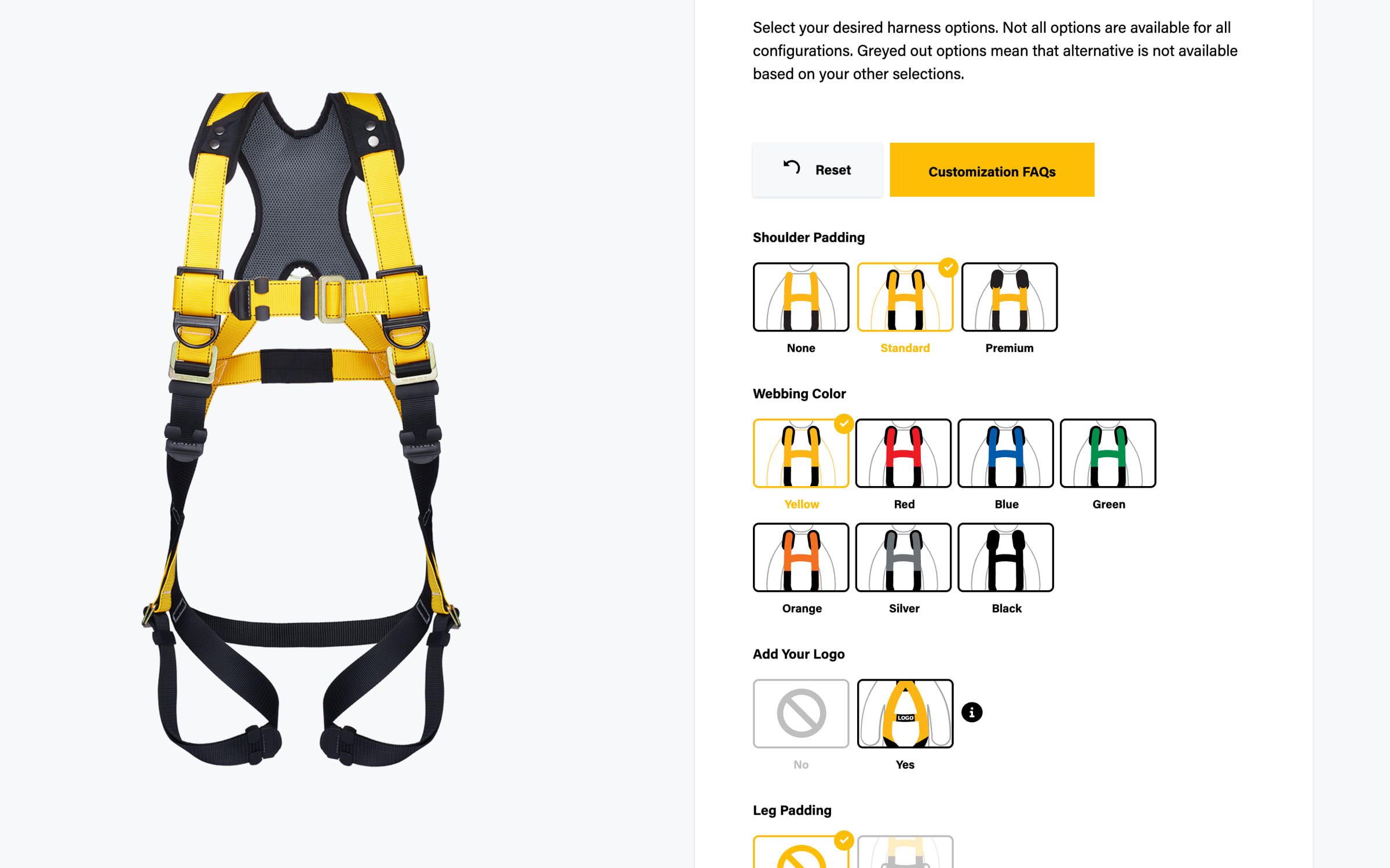 The Build Your Custom Harness tool with the harness preview beside its option groups.