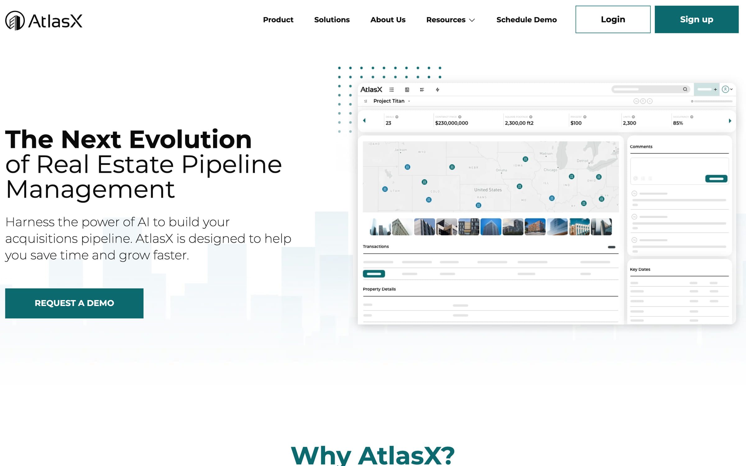 The AtlasX home page with an illustrated pipeline and map view.