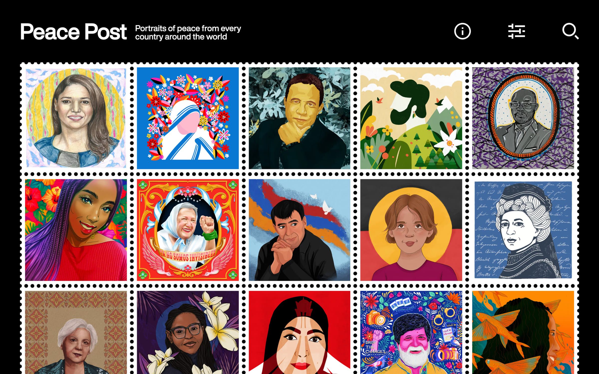 The Peace Post home page, a wall of illustrated stamps.