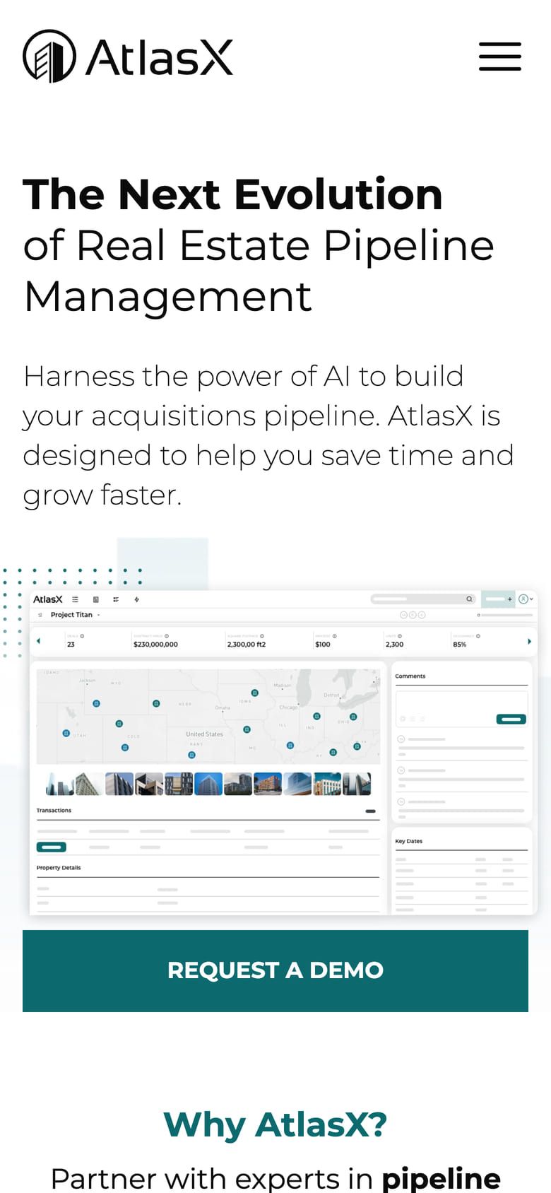 The AtlasX home page on a phone.