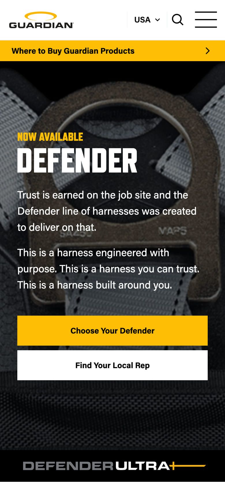 The Defender harness page on a phone.
