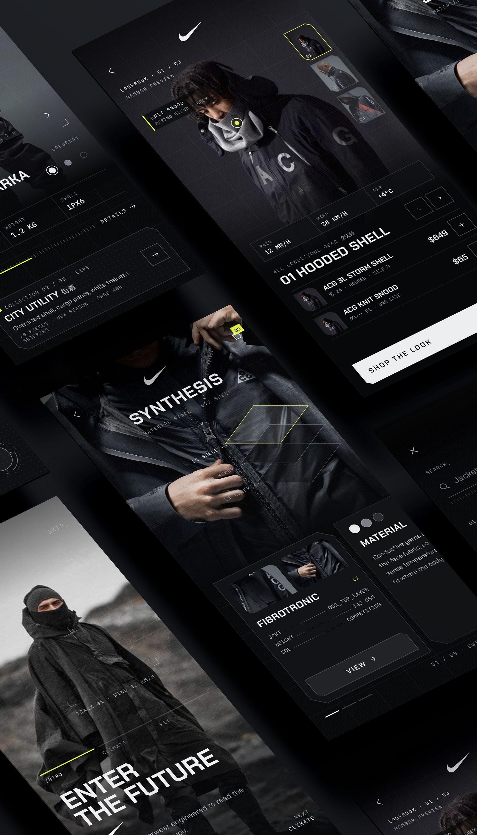 All Conditions Gear mobile screens showing the 01 Hooded Shell product page.