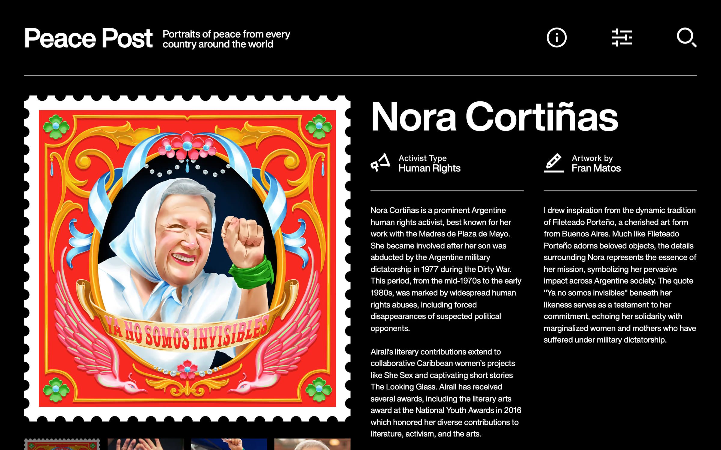 The Argentina page: Nora Cortiñas, artwork by Fran Matos.
