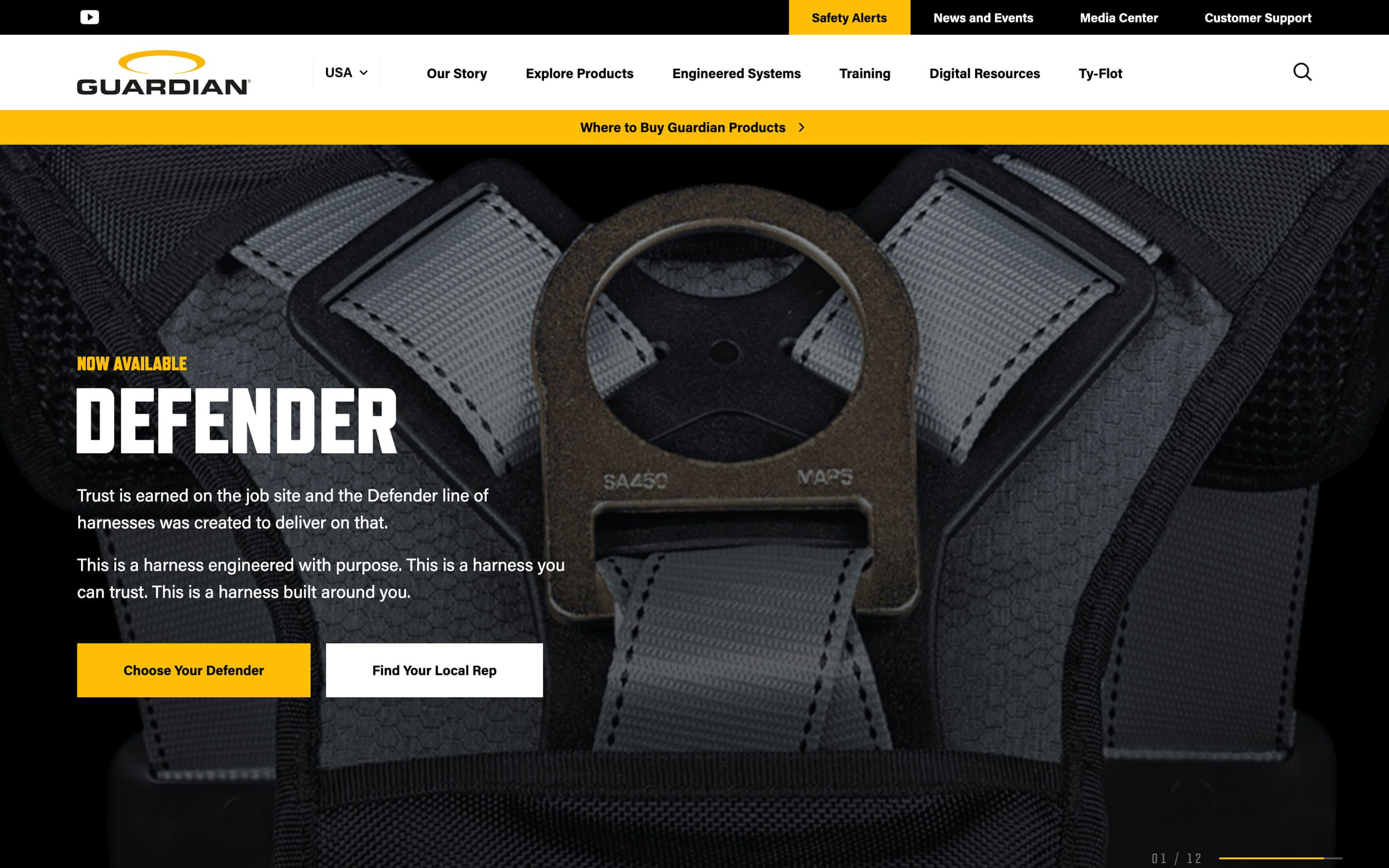 The Defender harness product launch page.