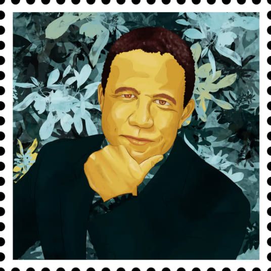 Stamp portrait of Yasmina Khadra.