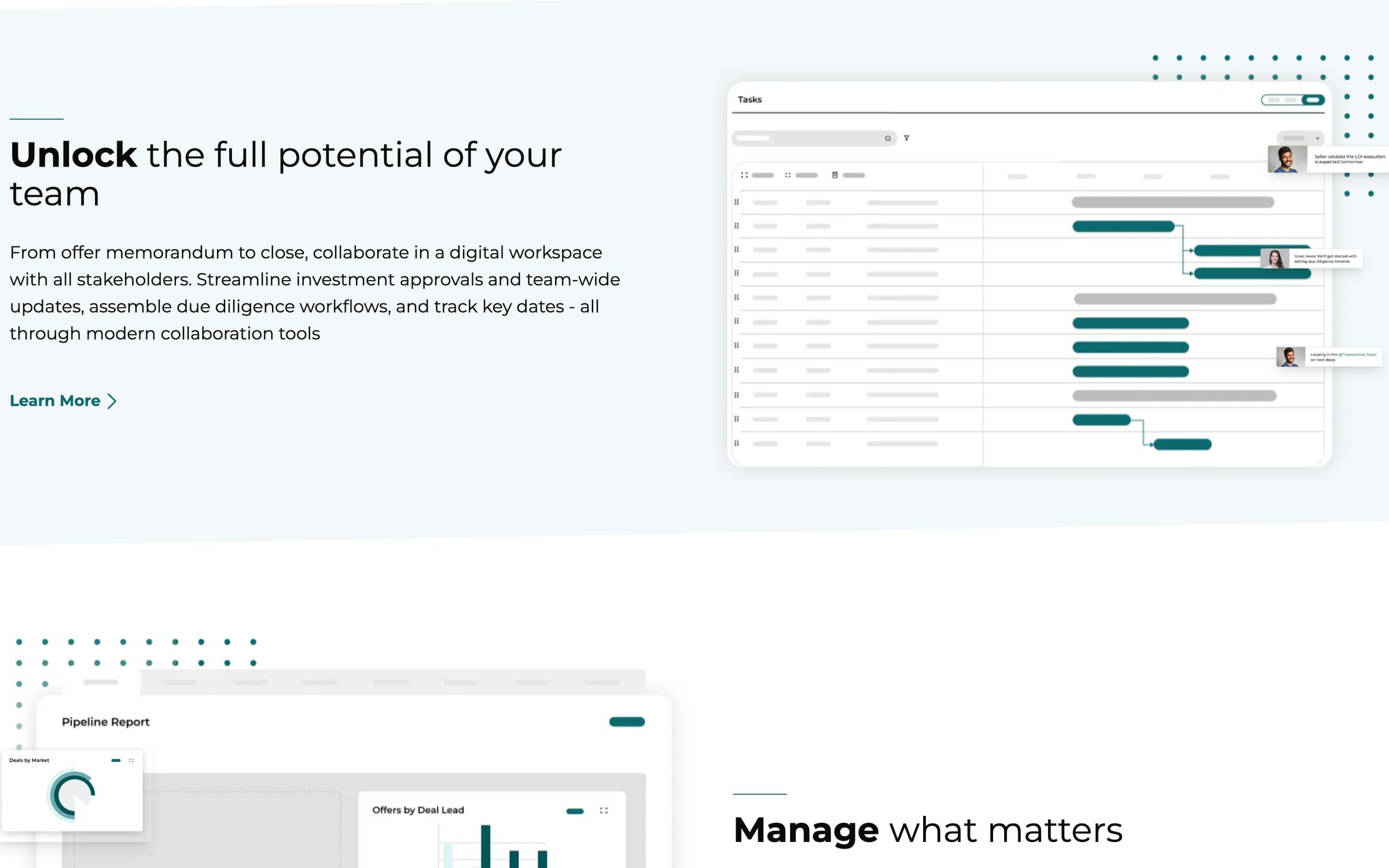 The team workflow section with a task timeline illustration.