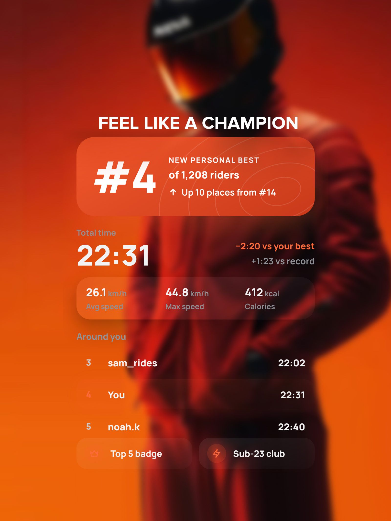 GEOBIKE ride app showing a personal best on an orange screen.