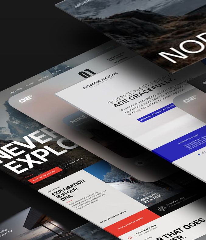 Isometric stack of website screens for outdoor and skincare brands.